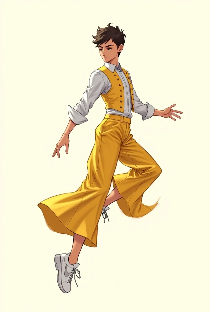 Create a sketch of a boy wearing dance costumes, wide gold pants, white shirt with long sleeves fitted to the cuffs, a gold button vest for men and white sneakers from Nike.