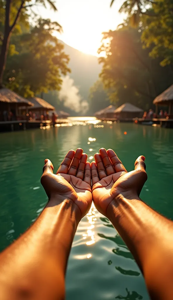 A true first-person perspective looking directly at hands. My hands, golden-toned, come into view as I walk along the bank of the crystal-clear river. The sun shines brightly above, casting golden reflections on the water. Ahead, the indigenous village eme...