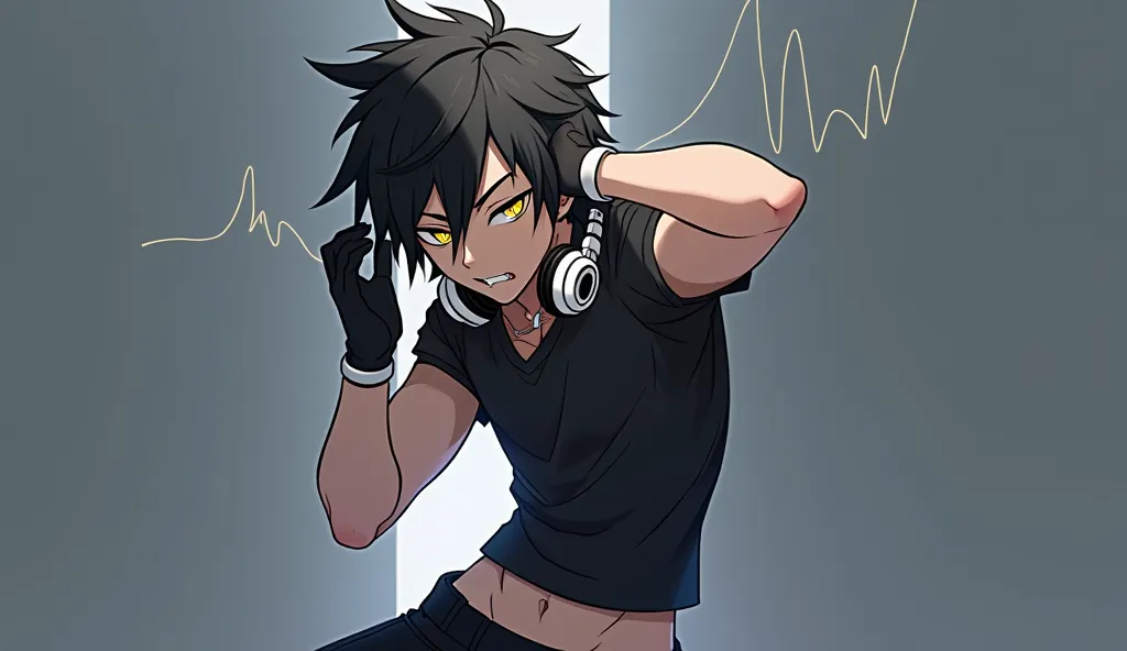 Solo anime boy, medium short and messy black hair,  Yellow Eyes,  cat pupil, fang,  wearing a cropped black , few muscles, black gloves, stylish and modern black pants, white headset with black details on the neck, stylish pose, some sound waves coming out...