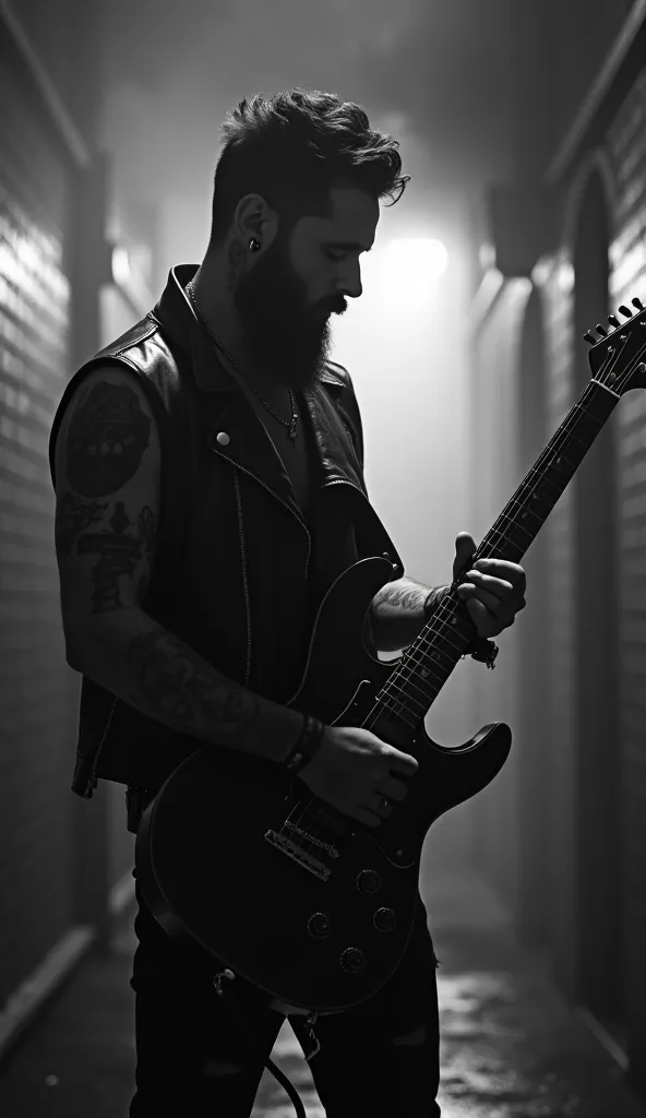 The image shows a handsome rocker man playing electric guitar in a dimly lit alley, shrouded in fog. He wears leather attire, a beard, a trendy haircut, lots of tattoos, and exudes an air of mystery and intrigue. The use of black and white enhances the dra...