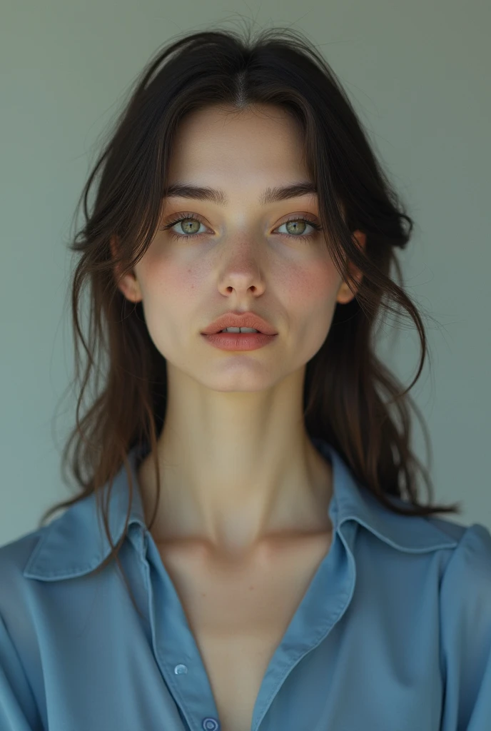 a thoughtful woman in a blue blouse
