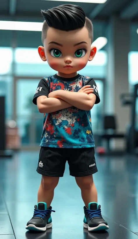 A hyper-realistic 4K digital image of a strong and confident Korean baby with one eye extremely green and the other blue, standing in a modern gym environment. The baby has a serious, 'tough' expression with their arms crossed, exuding a fierce and powerfu...