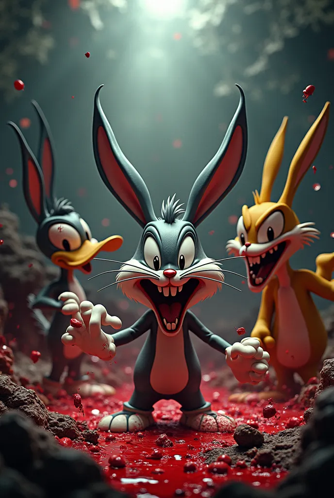 Brutal looney toons in a random brutal acts of terror, octane render At the bottom center, a stylized, blood-red text reads ''Brutal Toons'' in prominent display