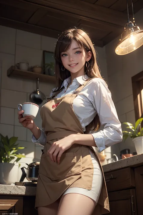 (from below:1.4),((1girl, brown hair, long hair, qutel blue eyes, beautiful eyes, pretty smile:1.5, ), coloring watercolor digital pencil ,Cherry blossoms falling,an animated painting of a woman in an apron standing at a coffee maker, 1girl, brown hair, so...