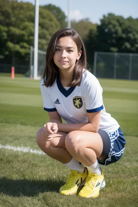 A young woman with shoulder-length brown hair and light-medium skin tone is shown from the knees up. She is wearing a white soccer jersey with navy blue sleeves and the number 3 on the front.  Underneath, she is wearing navy blue soccer shorts. She is hold...