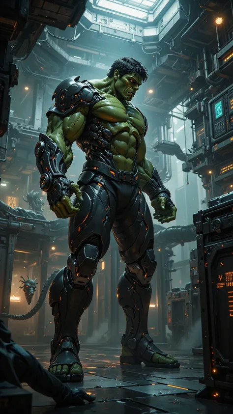 Hulk in a remote laboratory, Expressionless cybernetic face, Advanced technical equipment, mechanical body, Committed to a groundbreaking discovery, Hulk in a remote laboratory wearing a futuristic costume, Surrounded by complex machinery, Treasure of Know...