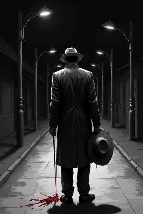 I want an image in black and white, from a man on an empty street, the night completely dark with some poles shining low light, He has a toothpick, going far behind his back, with his hands dripping blood, and a straw hat in his hand, in drawing, less real...