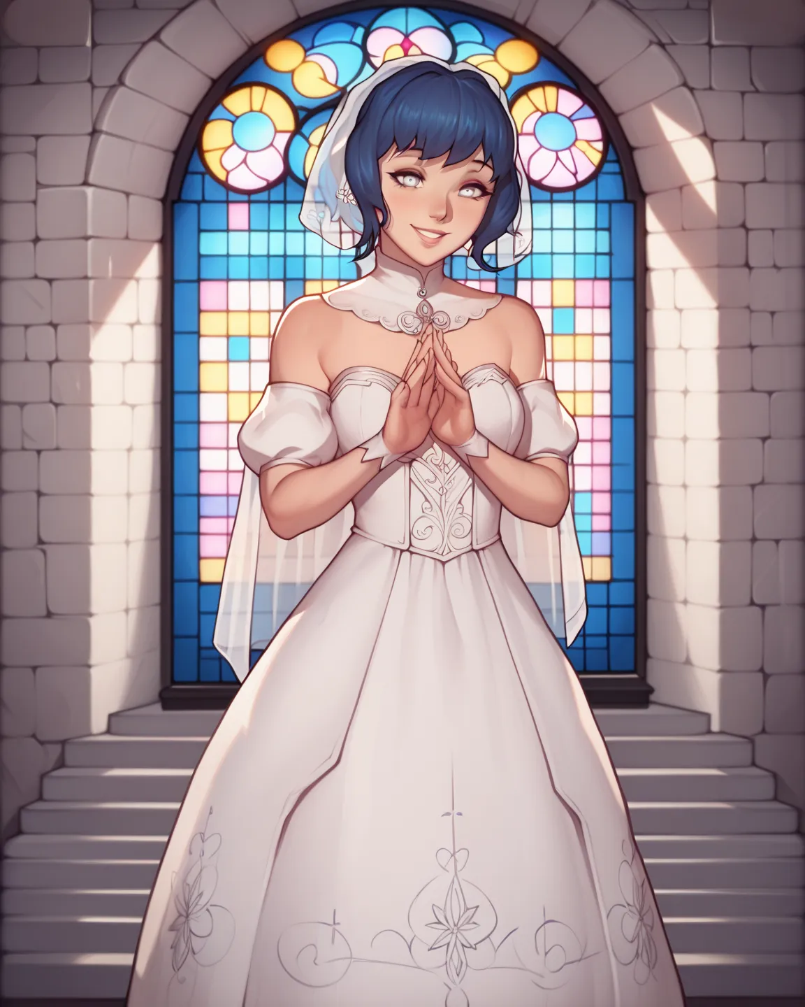 cartoon style, white eyes, light makeup, long dark blue hair with straight bangs, Angelic look smiling, beautiful,  Young Woman, Her wedding dress was white, church