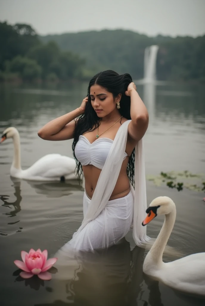 Photo taken during sun rise, An Indian busty woman emerging gracefully from a large beautiful forest pond filled having crystal clear water and with blooming pink lotus flowers. Few swans are also swimming nearby. She has perfect body, hourglass figure. He...