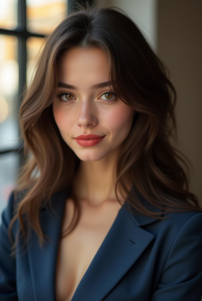 Create a realistic image of a young woman with the following characteristics:  
- **  Overall appearance  :** Exceptional Beauty , symmetrical and delicate facial features,  Soft and luminous skin , White skin
- **   facial expression :** Sexy and captivat...