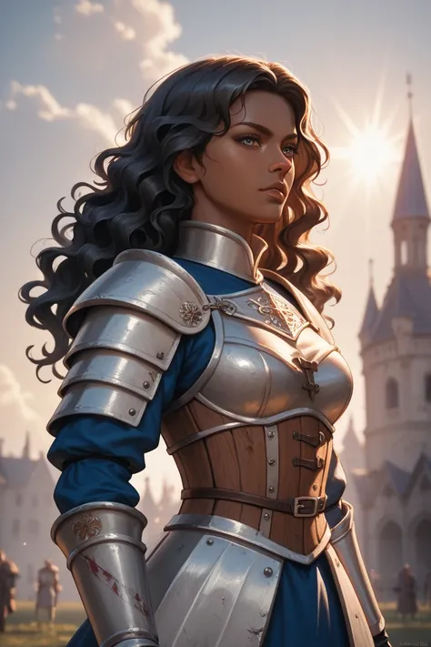 An anime character with ancient medieval armor, wavy hair, brown skin, Blood on the face and armor