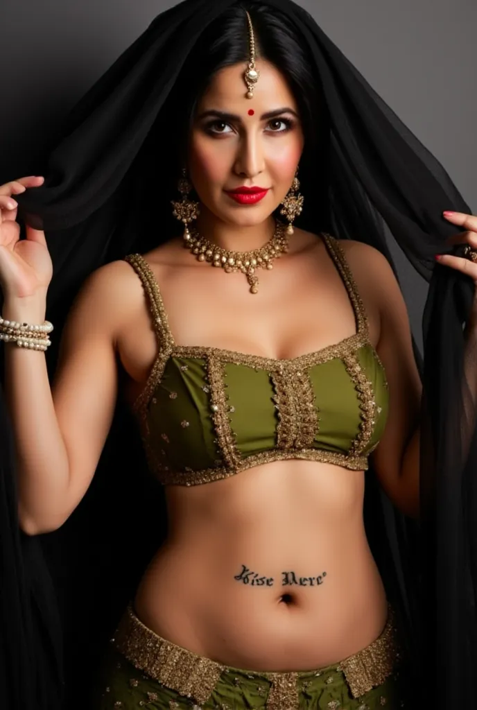 (masterpiece, best quality:1.2), She is draped in a low waist olive green lehenga with delicate gold embroidery, giving her an ethereal, moonlit glow. Her black sheer veil barely grazes her bare stomach, fully exposing her deep navel and slim waistline. A ...