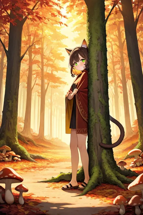 A detailed digital art of an 25-year-old catgirl, standing in a forest at dusk, with dark brown hair having golden amber streaks, cascading in soft waves over her shoulders, emerald green eyes with cat-like vertical pupils glowing faintly yellow in the low...