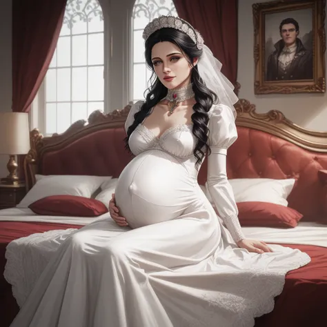   1 woman,  fair skin, sitting on the bed, White dress, Victorian, black hair,  Dark eyes, Long hair,  older face , details, Madura, over 40 years, jewelry, collar, less delicate face, pregnant,  expression would be (older,  older face ), High resolution, ...