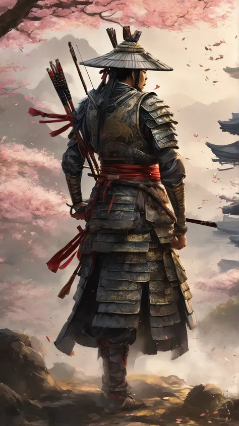 An 8K ultra-high-resolution illustration of a Japanese samurai archer (The bow is light) standing in a dynamic pose, dressed in black and gray lightweight armor with traditional lacquered plates and woven chainmail. The armor features intricate patterns, s...