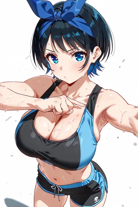  Chest,    White background,  pose ,  Masterpiece,  top quality,  amazing quality,  detailed biography ,  complicated details,Big Breasts、Ruka Sarashina, blue eyes、black type、gravure, ( sportswear、 SPORTS BRA、 shorts , gym : 1.2 )