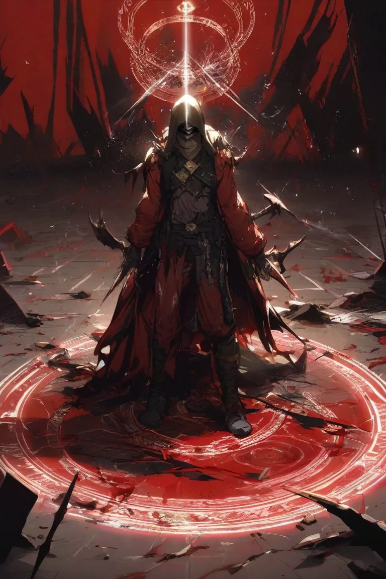 rogue, style, fantasy, wearing worn-out clothes, with blood, face covered, mysterious, ((long daggers in hand)), ((magic circle on the floor)) full body, perfect anatomy, standing, red background, with a dark sun, very detailed sky, and several bodies on t...