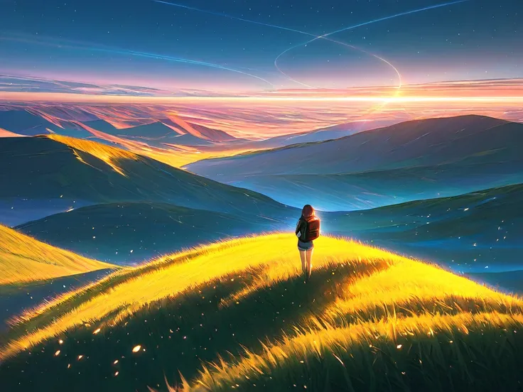 Vast Sky, A beautiful skyline in light pink, Vast grassland, Very tense and dramatic photo, Moving visual effects, The North Star Hanging High, Colorful natural light. Long sleeve tops, Denim shorts, Girl carrying a backpack, Panoramic view from above, Cap...