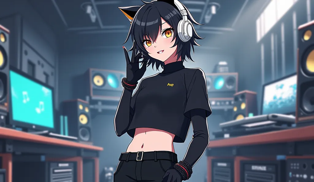 Solo anime boy, medium short and messy black hair,  Yellow Eyes,  cat pupil,  wearing a cropped black , few muscles, black gloves, stylish and modern black pants, white headset with black details on the neck, stylish pose, some sound waves coming out of th...