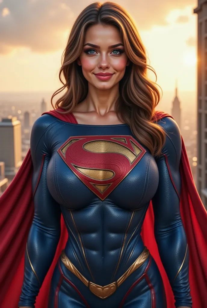 A stunning, highly detailed, and realistic digital painting of a beautiful woman wearing a Superman-inspired suit and cape. She has striking blue eyes, long wavy hair cascading over her shoulders, and a confident yet warm expression. Her face is exquisitel...