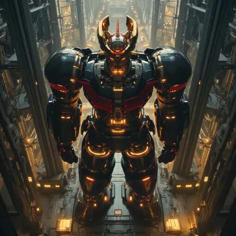  very realistic version of the modified Mazinger Z ,  Mazinger Z is 100 meters tall.  steel ,   Carbon Fiber  ,   Other industrial elements are also visible  ,  Just like the real thing  ,   I'm standing ahead at the height of a high-rise tower where high ...