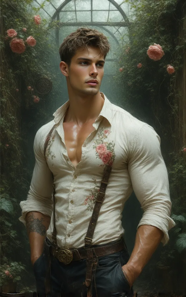 (masterpiece, best quality, realistic, ultra high detailed, UHD, view from a distance, facing the camera), In a floral-steampunk greenhouse, where vibrant flowers bloom amidst gears and steam, a tall, muscular young man stands surrounded by cascading vines...