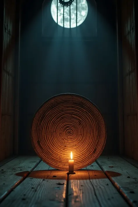 
"A round, intricately woven bamboo mat roll stands upright in the center of a dimly lit, small wooden room. The walls are aged and weathered, with faint cracks letting in slivers of cold moonlight. Shadows dance eerily across the floor, creating an unsett...