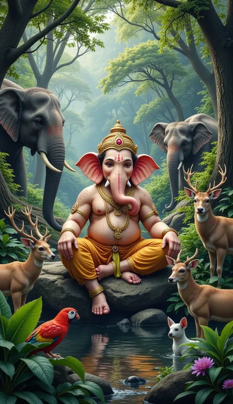 "Ganesha harmoniously interacting with wildlife in a dense jungle, surrounded by elephants, deer, and birds, highlighting his connection with nature."