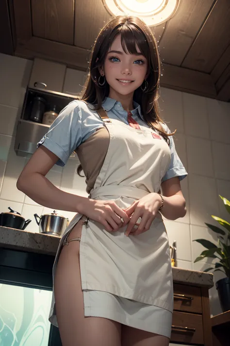 (from below:1.4),((1girl, brown hair, long hair, qutel blue eyes, beautiful eyes, pretty smile:1.5, ), coloring watercolor digital pencil ,Cherry blossoms falling,an animated painting of a woman in an apron standing at a coffee maker, 1girl, brown hair, so...