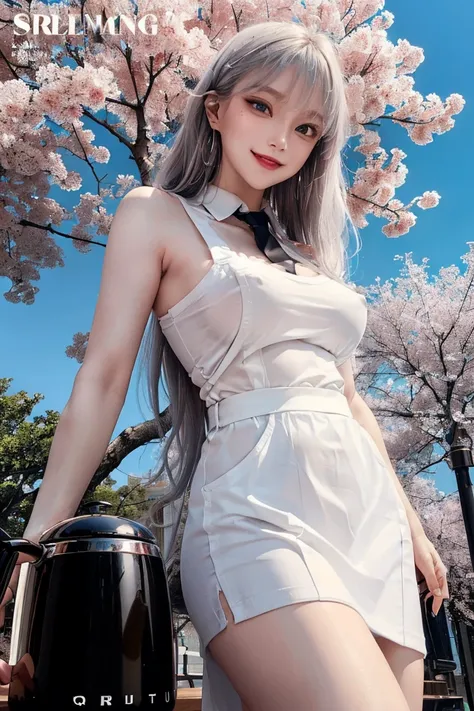 (from below:1.7), (fashion magazine cover:1.3),(finely detailed beautiful eye: 1.2), (beautifull detailed face), (perky chest:1.2), (pointed chest:1.3), (( 1girl , silver hair, long hair, qutel blue eyes, beautiful eyes, pretty smile:1.5, ),Cherry blossoms...