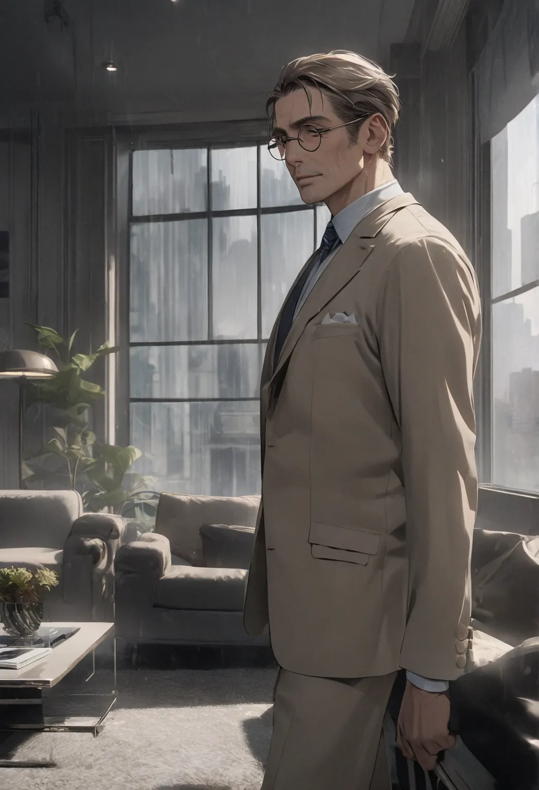 mature professor standing  living room appartement in in New York , wearing very small round glasses, light brown suit,  light brown hair, mechanical left arm. bright daylight grey sky, rainy aesthetic. The man must be handsome and elegant. The image must ...