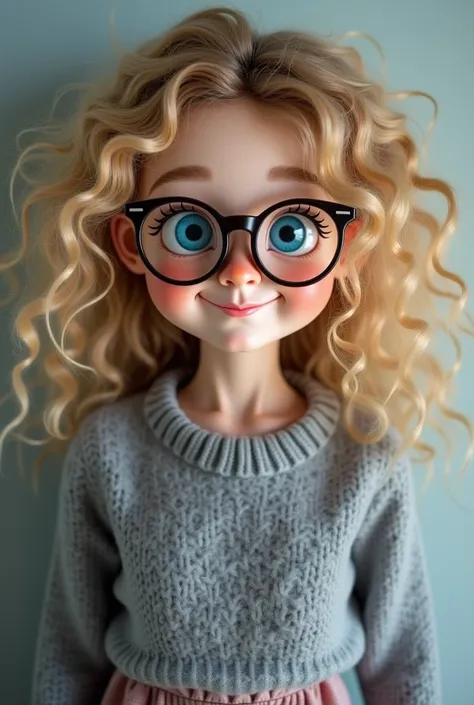 Generate a curly-haired blond girl with blue eyes and well-worn glasses, grey sweater,  without a smile , full length, voluminous hair, big round , expressive eyes, round glasses, Skirt below the knees 