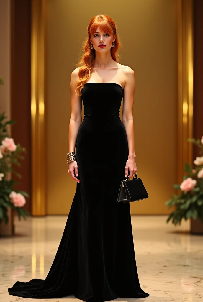 A front full body view of a  Scandinavian model with shiny glittering glossy skin, ginger long hair ponytail bang hair wearing a black strapless long gown, with red lipstick on,parted full lips with mini gold bracelet and rings on holding a black triangula...