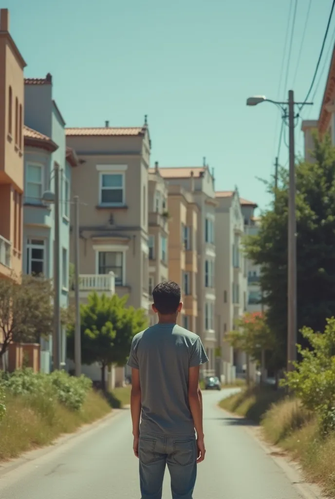 searching rent in a very summer day, exhausted look, standing in the road looking at the top of the building where the rent hanging, show the look from behind, must show the building with rent attached