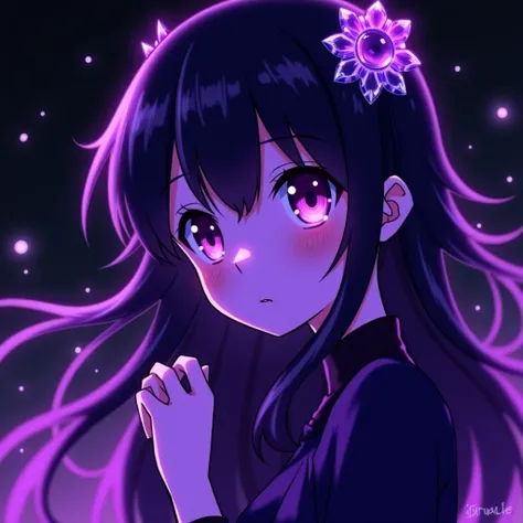 A young, anime-style female figure, likely Asian, is the central subject.  She is depicted from the mid-chest up, positioned slightly to the left of center within the frame.  Her long, flowing, dark purple hair is highlighted with vibrant purple light, app...