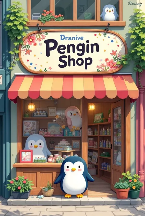 A little store whose sign says Pengin Shop and that has things from Sanrio