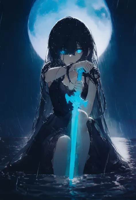1gir, longhair, shinyhair, straighthair, black hair, blunt, hairs, hime-cuts,blue eye's blue glowing eyes, in the dark, she is wearing a black lace slip dress, outdoor, night, heavy rain, wet hair, wet face, holding sword, sitting in water, blue moon, mast...