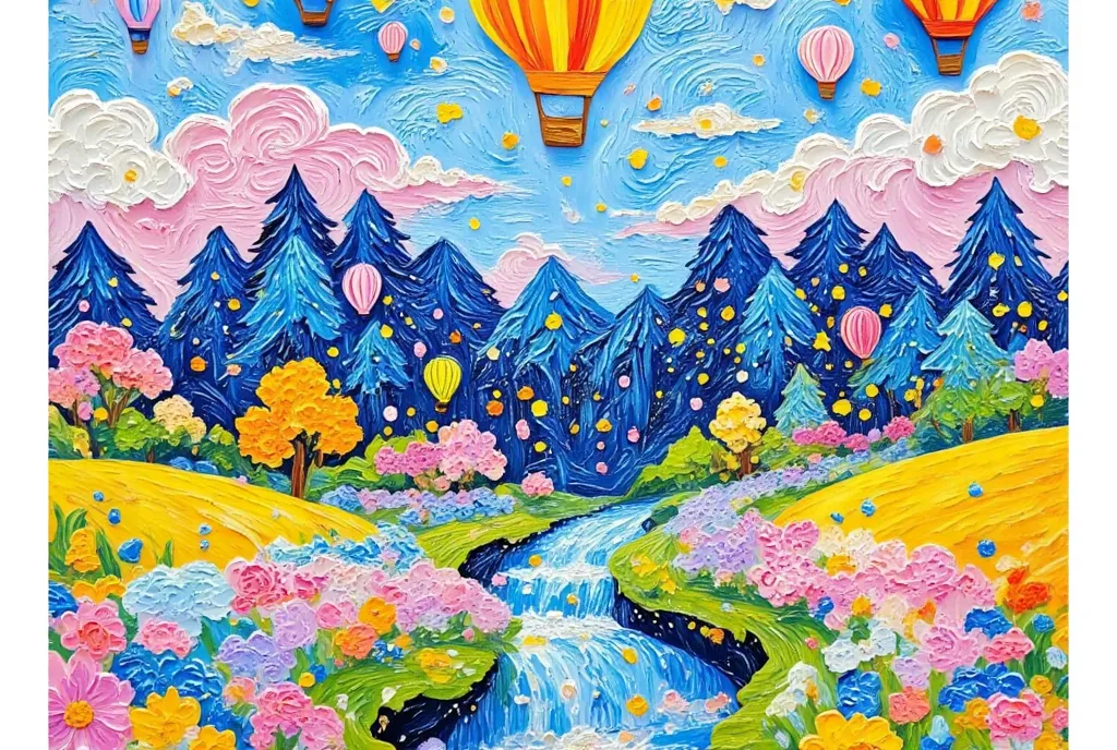 Masterpiece, best composition, best quality, paper craft, painting of a river passing through a hilly area, a landscape with rolling hills, various flowers and grasses, colorful design, blue sky and white clouds, vivid colors.