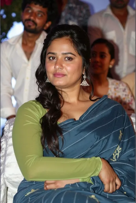 Ultra-High-Definition and Realistic Photo of an Indian Busty beauty Nitya Menon aged 28 with average sized body and brownish skin tone. She flaunts her huge swoopy breasts, and deep navel sitting in the bedroom. No Ornaments. Full Size Photo, wearing see-t...