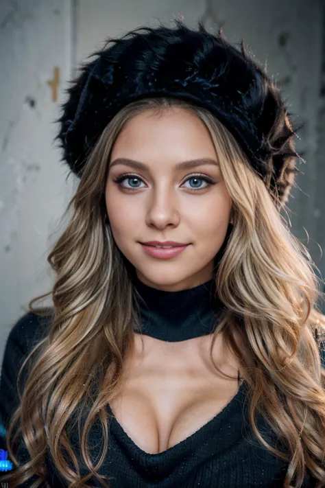 1 girl portrait of a blonde girl with black shiny fur fur hat, Close Up , sweet like sugar, great lighting conditions.masterpiece, anatomically correct, best quality, Super detailed, UHD, 16k. wavy hair, Romantic feelings, sweet smile, blue eyes. ultra rea...