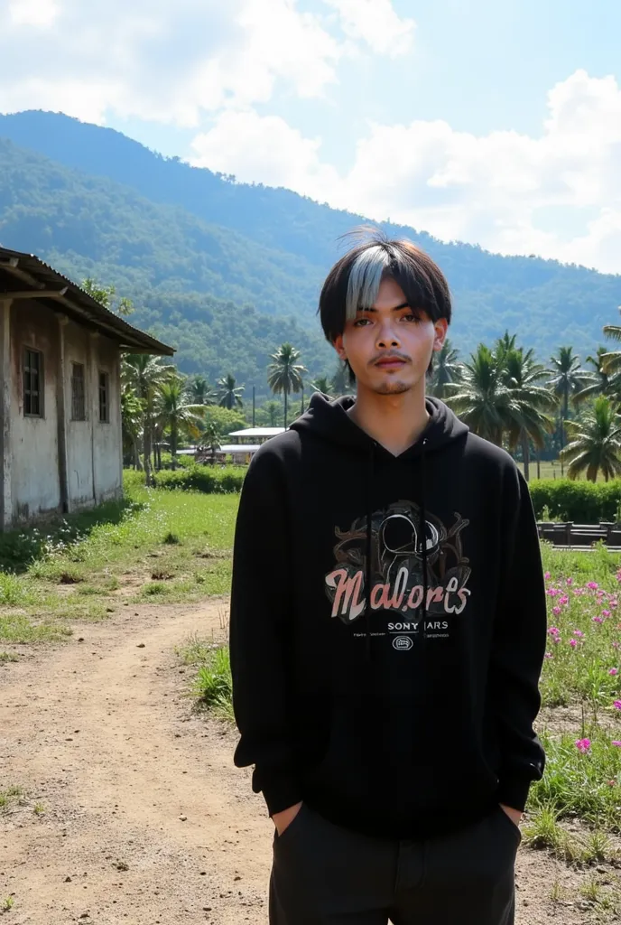 

A age male, likely Southeast Asian, is standing in a tropical outdoor setting.  He is positioned slightly off-center to the right of the image. He is facing the camera.  The ager is wearing a black hoodie with a graphic design of a text "Sony" on the fro...