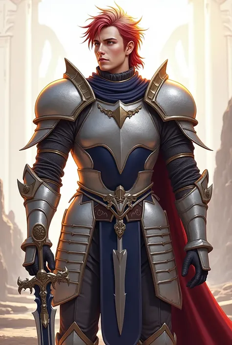 A paladin wearing silver armor with black details , With red hair and golden eyes