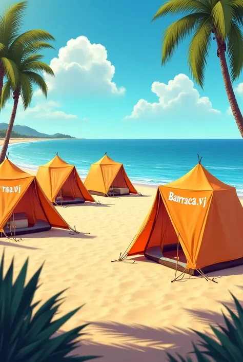 Tents set up on the beach with the name Barraca.VJ