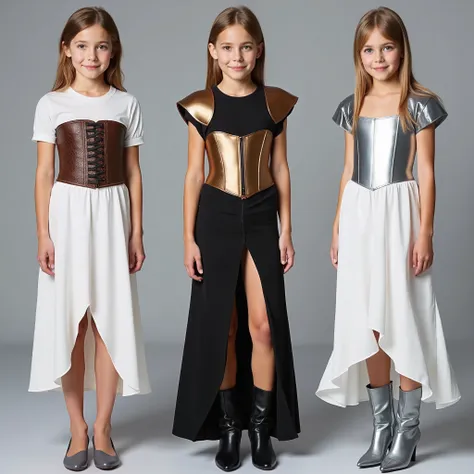 The same young girl is standing exactly full-length image, dressed in three types of robes, 1 type - dressed in a white dress with a leather corset, grey shoes, 2 type - dressed in a black satin dress with a cut out on the leg, bronze corset, Leather shoul...