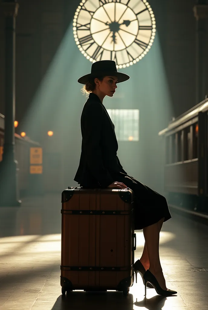 A woman in an elegant suit with black shoes and hat is sitting on top of her large suitcase, against the wall next on the train station. The clock hanging from above casts long shadows onto its surroundings. This scene is captured in the style of photograp...