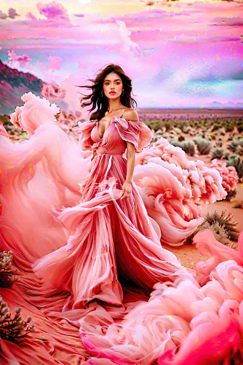 Realistic photo, 8k, ultra realistic, 1girl,  beautifull girl, full body, wearing dress, any pink smoke,cloud,pink dress, over viewer, (best quality:1.3)