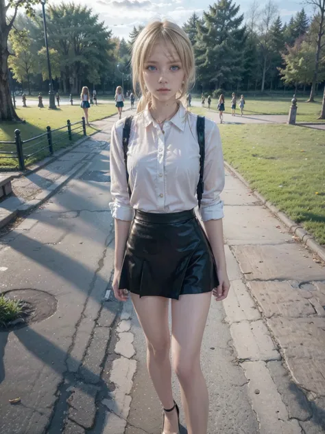 (best quality:1.2), blonde girl, alone，Walking in the park, dressed in a mini skirt, blouse and heels. (((((real life image ))))). (((small))).