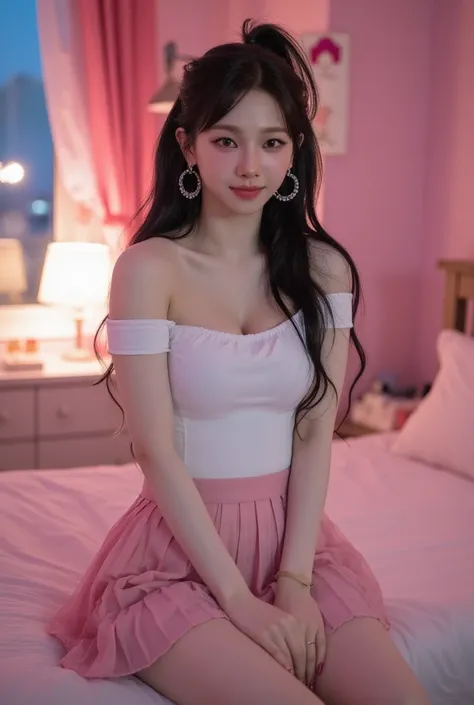 Slender girl, large D-cup breasts, pink bedroom, large hoop earrings, pink micro pleated skirt, Off Shoulder White Tank Top with alot of cleavage, single bed, wardrobe, drawers, lamp, late evening, window, looking at camera, petite, cute, sweet, nighttime,...