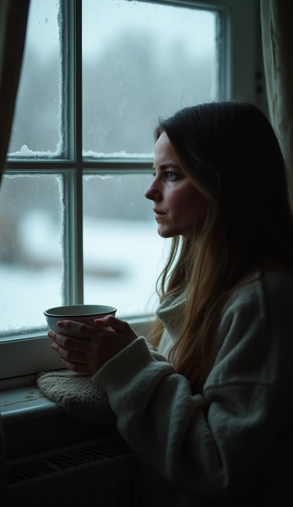 A young woman sitting by the window, looking outside at a snowy, gray day, holding a warm cup of tea. The mood is melancholic and introspective. The window has raindrops or frost, and the room is dimly lit, cozy, but with a slight feeling of winter sadness...