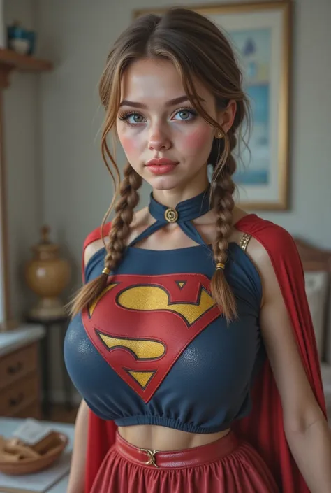 (A SEXY 17-YEAR-OLD FEMALE ASSUPERGIRL) "A stunning, ultra-detailed 4K HD depiction of a classic 1980s Supergirl-inspired costume. The outfit features a bright blue, form-fitting bodysuit with a bold red and yellow emblem on the chest, a sexy red pleated s...